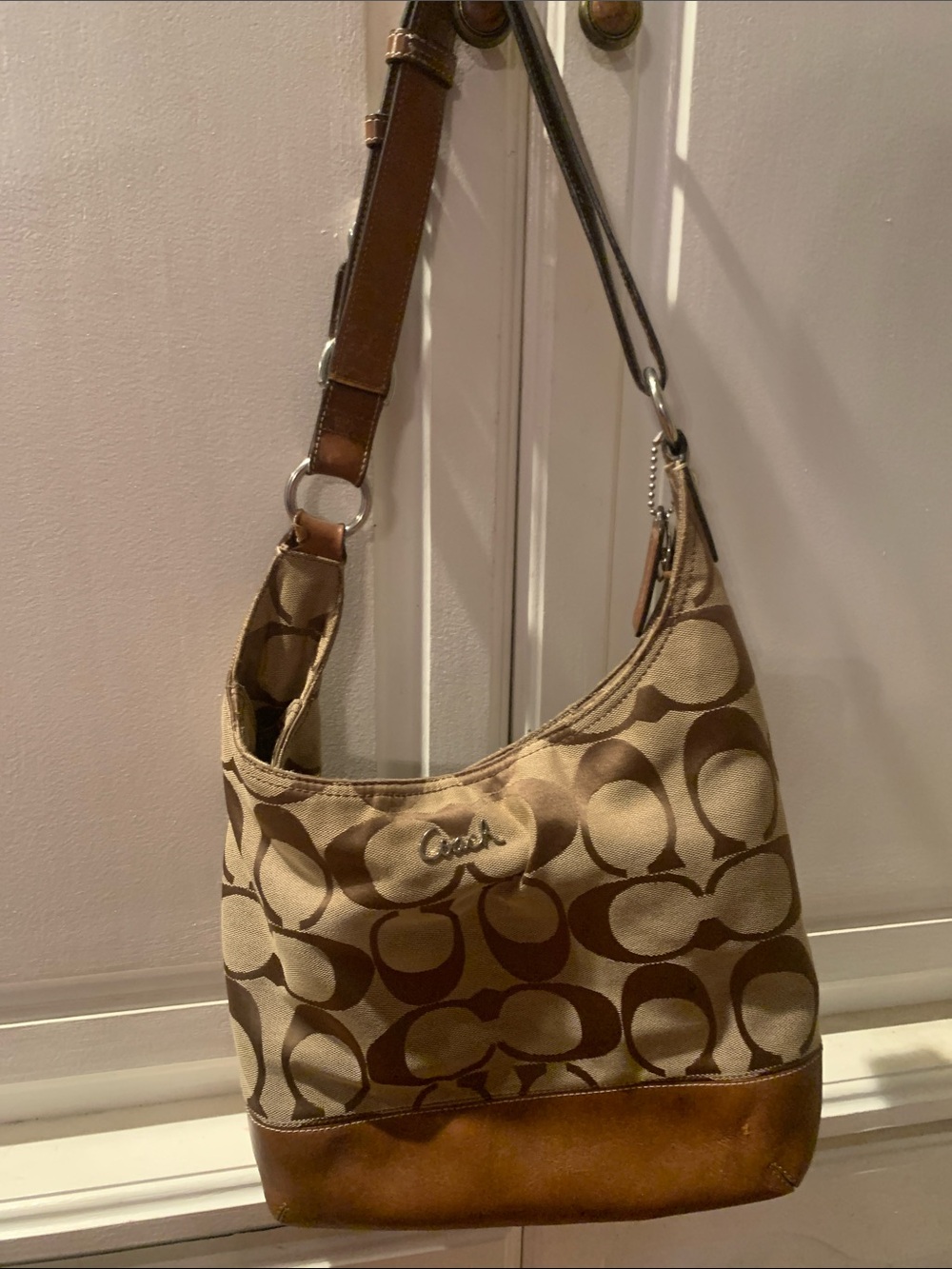 Coach Khaki and Brown Signature Canvas Shoulder Bag